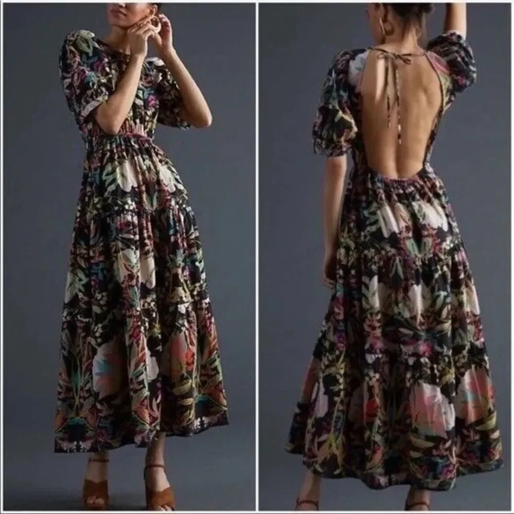 New Anthropologie x Condition Apply Floral Tiered Maxi Dress Puff Sleeves Sz MP - Picture 2 of 6